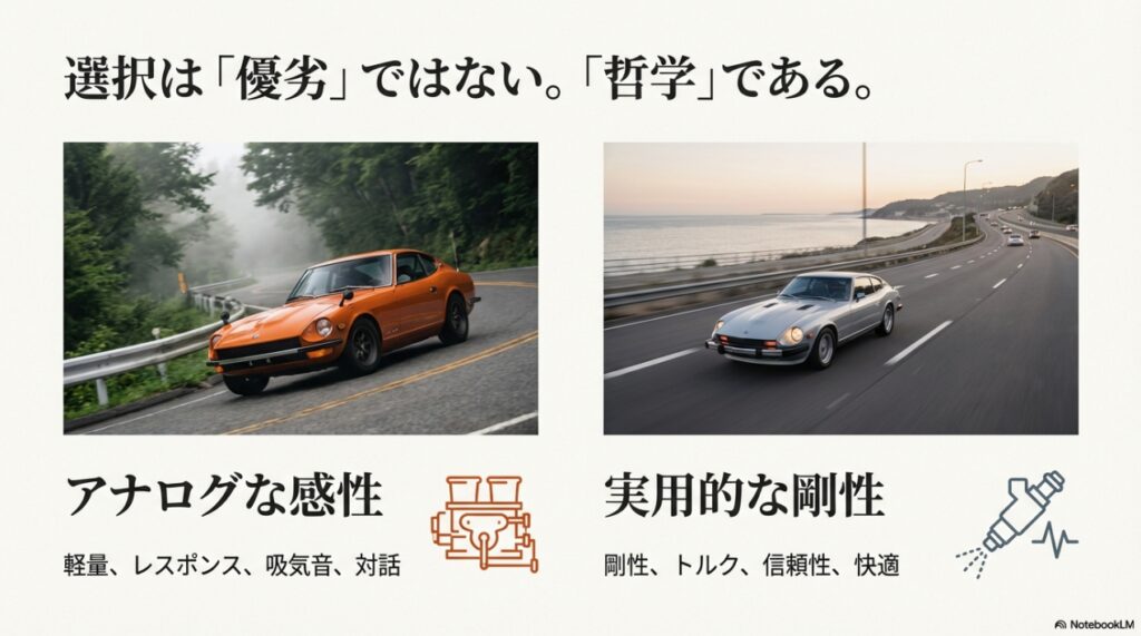 木漏れ日の中のワインディングロードを走るオレンジ色の240Zと、海沿いの高速道路を巡航するシルバーの280Zの対比画像。「選択は優劣ではなく哲学である」というメッセージ。