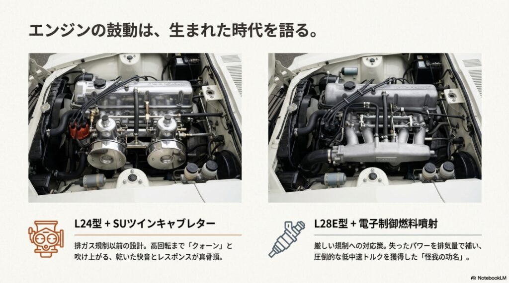 上段はSUツインキャブを装備したL24型エンジン、下段は電子制御インジェクションを装備したL28E型エンジンの比較写真。