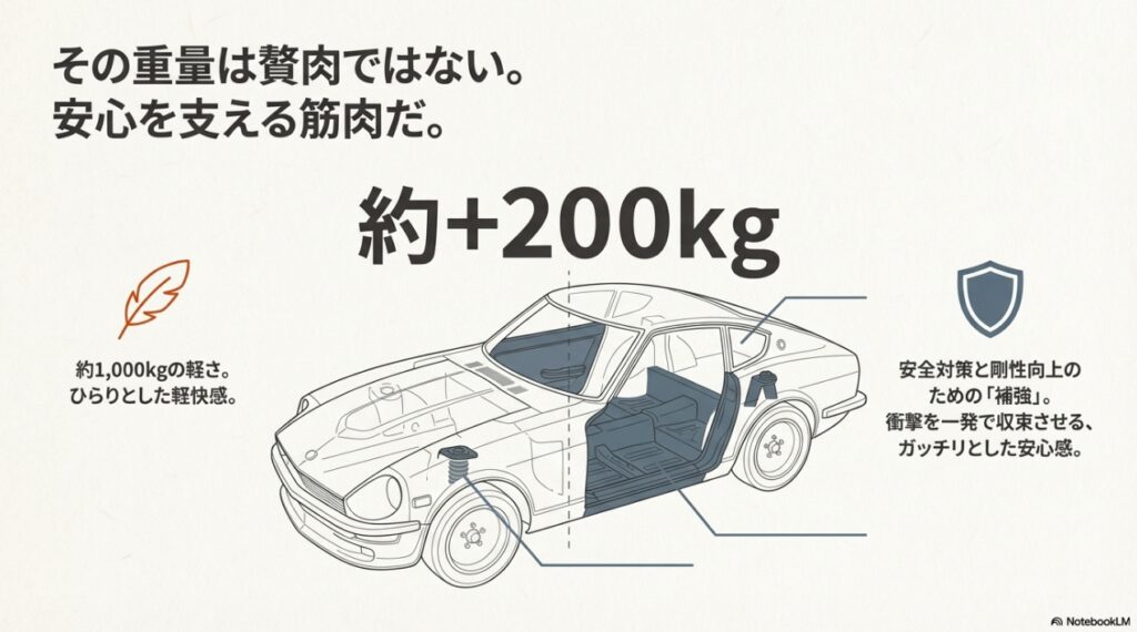 ドア内部のサイドインパクトビームや衝撃吸収バンパーなど、280Zで追加されたボディ補強箇所を示す透視図イラスト。
