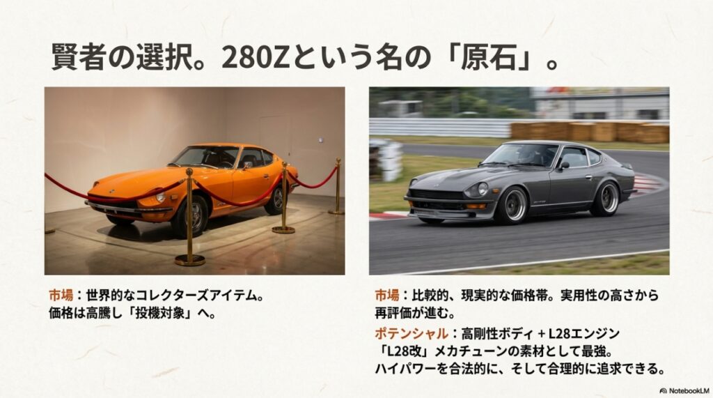 博物館に展示された投機対象としての240Zと、サーキットを走行するL28改チューニングベースとしての280Zの比較写真。