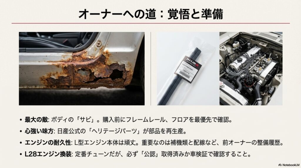 旧車S30Z ボディのサビ フローパネル腐食確認ポイントとニスモヘリテージパーツ