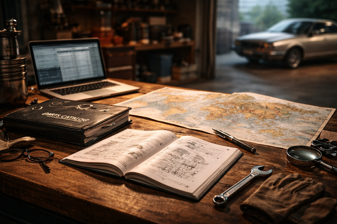 整備書とパーツカタログ、世界地図、ノートPCが並ぶ作業台とクラシックカーの実写風イメージ