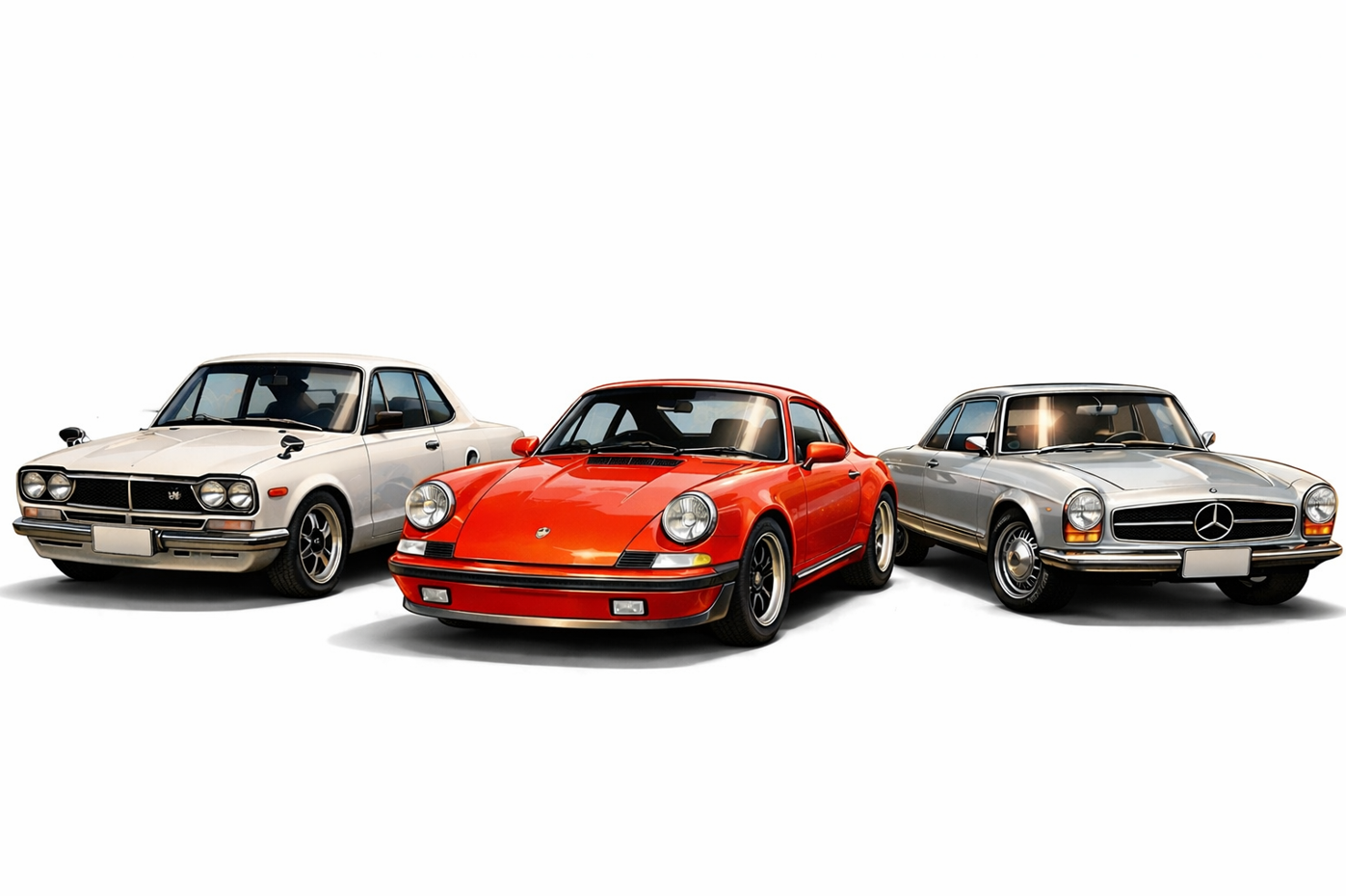 ハコスカ、ポルシェ、メルセデスベンツの３台が並んでいる画像