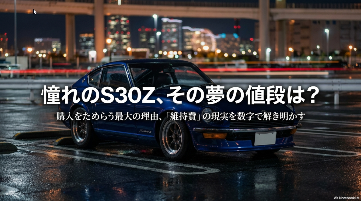 アイキャッチ画像：オレンジ色のS30型フェアレディZのイラストと記事タイトル「S30型フェアレディZの維持費は月いくら？税金と燃費の現実を公開」