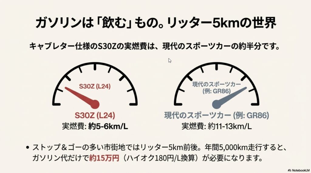 S30Z（リッター5-6km）と現代のGR86（リッター11-13km）の燃費比較メーター