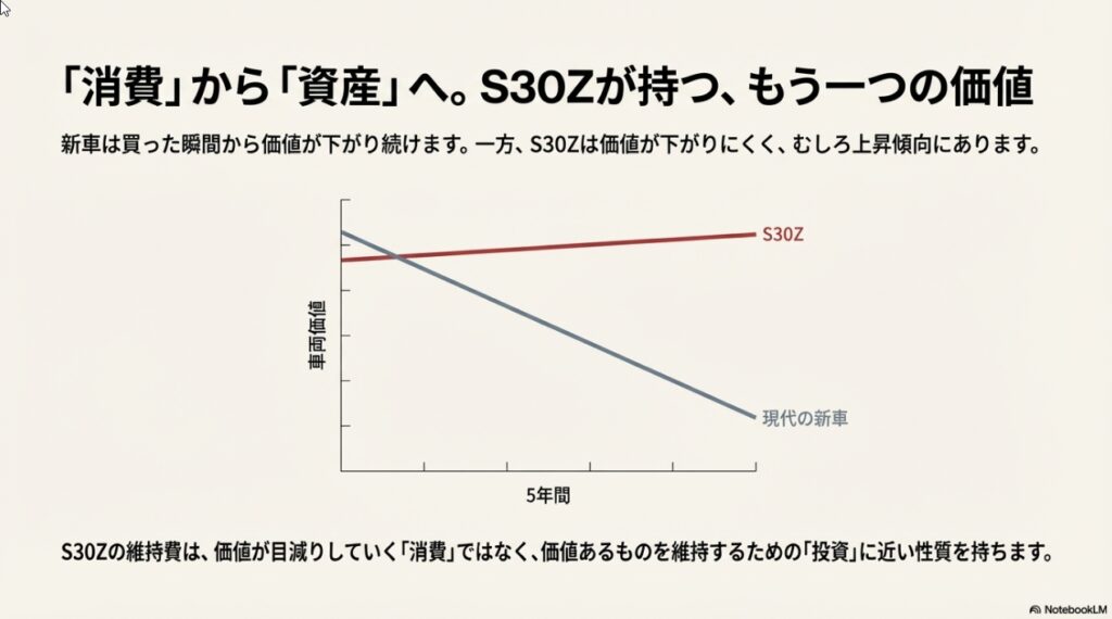 5年間の車両価値推移グラフ：価値が下がる現代の新車と上昇傾向にあるS30Zの比較