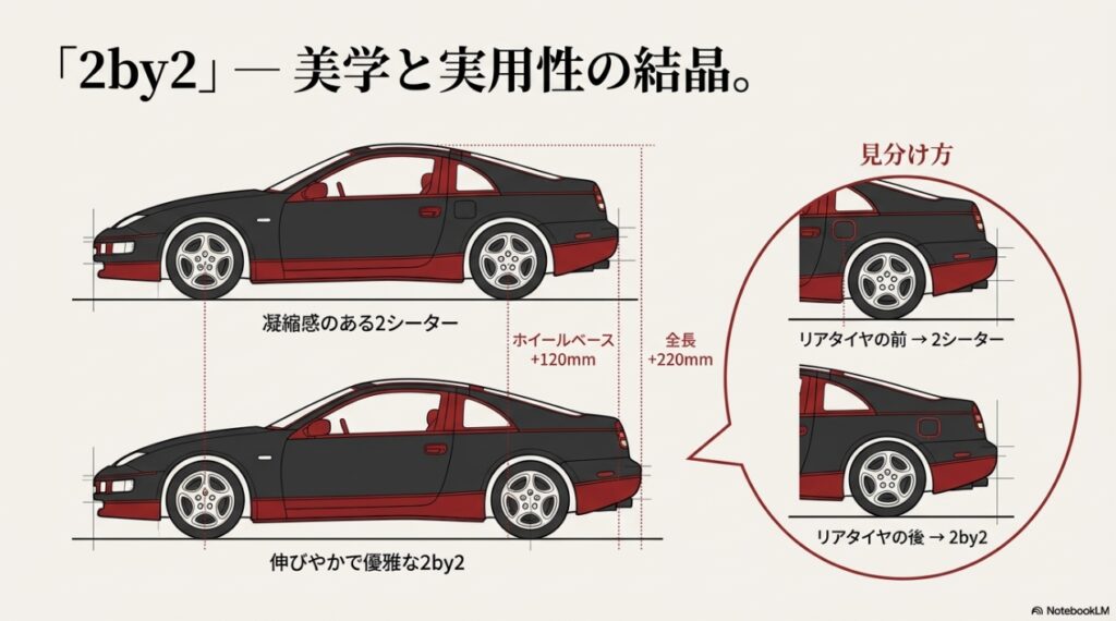 フェアレディZ Z32型の2シーターと2by2における給油口の位置の違いとホイールベース・全長の比較図