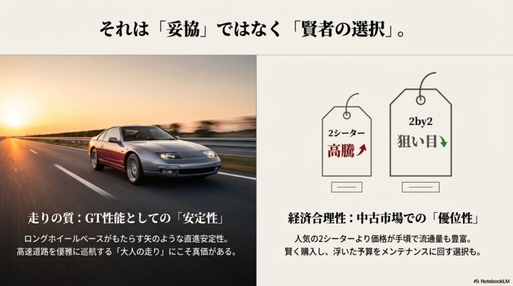 フェアレディZの2シーター価格高騰に対し、2by2が狙い目である理由とGTカーとしての直進安定性のメリット