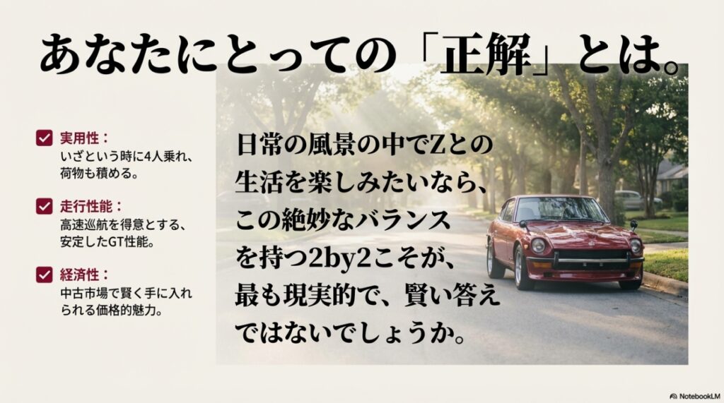 実用性、走行性能、経済性の観点からフェアレディZ 2by2が賢い選択であることを示すチェックリスト