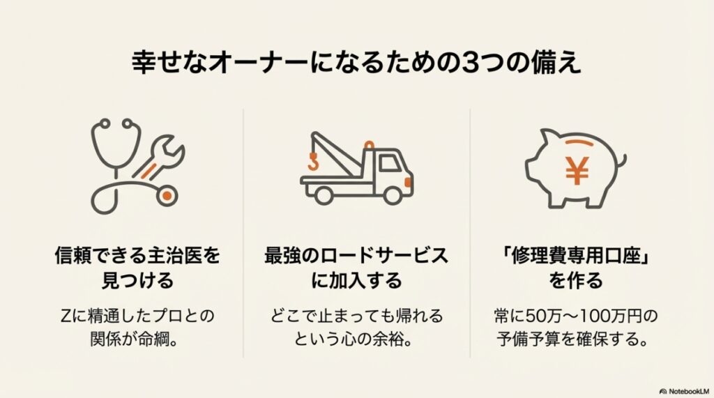 幸せなオーナーになるための3つの備え。信頼できる主治医、最強のロードサービス、修理費専用口座を示すアイコン 。