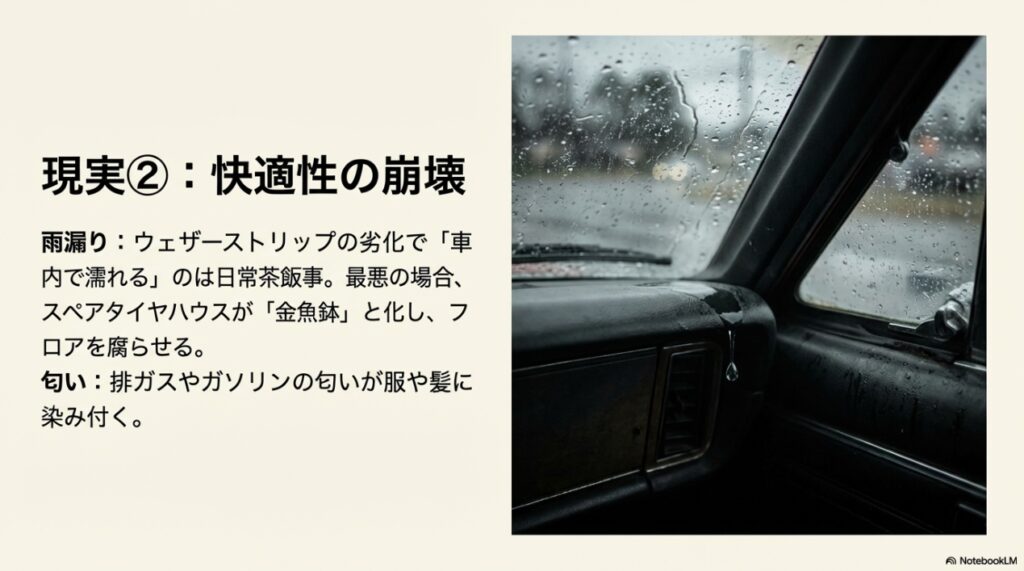 雨の日の車内からの視点。ウェザーストリップ劣化による雨漏りと、室内に染み付く排ガスやガソリンの匂い 。