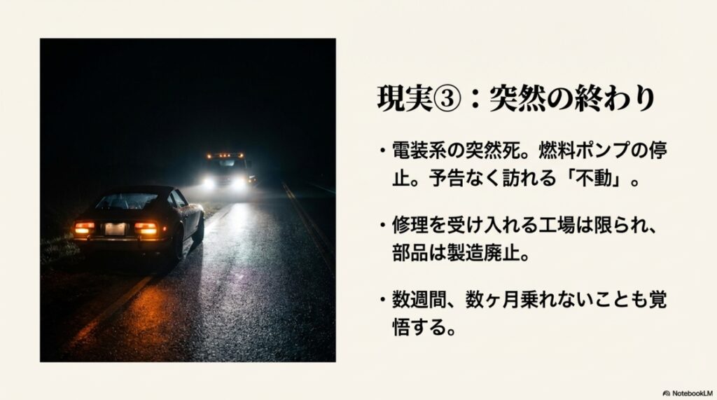 夜道で故障しレッカー車を待つフェアレディZ。電装系の突然死や部品の製造廃止による不動のリスク 。