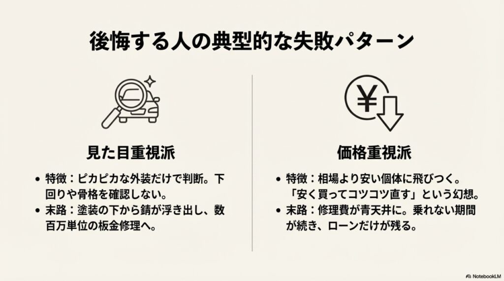 後悔する人の典型パターン。見た目重視で錆を見落とすケースと、価格重視で修理費が青天井になるケースのアイコン図解 。
