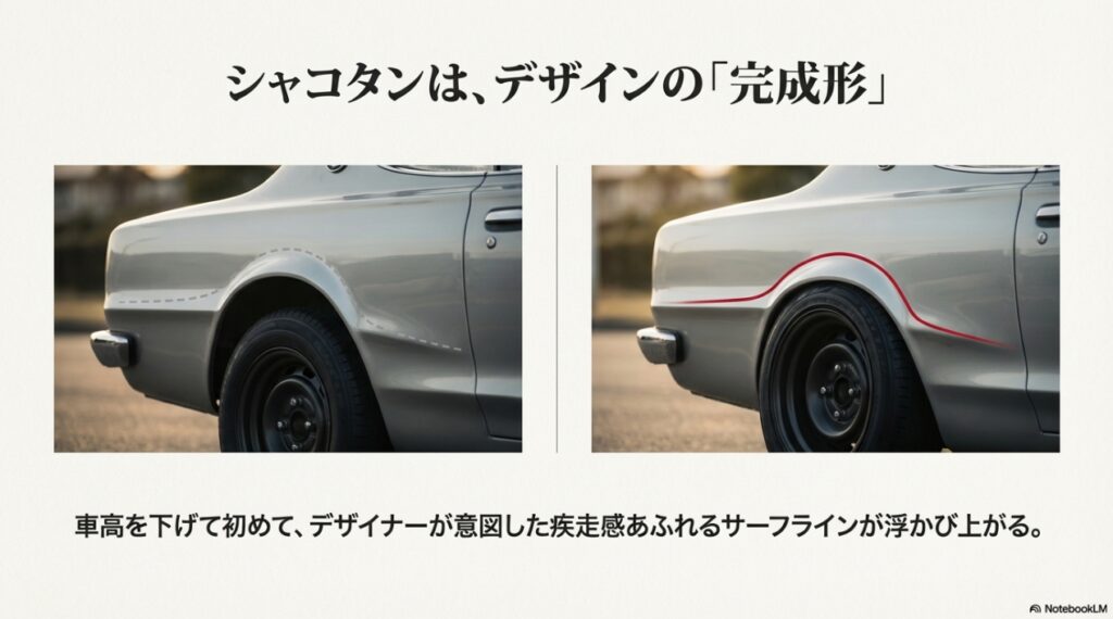 ハコスカのサーフライン比較 ノーマル車高とシャコタンのフェンダーラインの違い