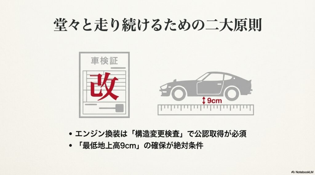 車検証の改公認マークと最低地上高9cmの測定イメージ
