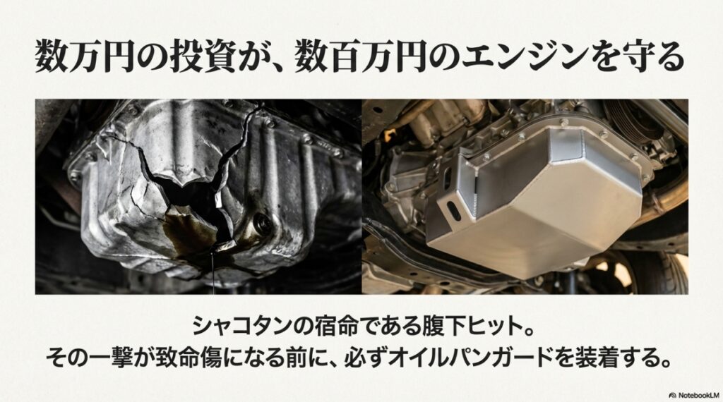破損したL型エンジンのオイルパンとオイルパンガード装着例