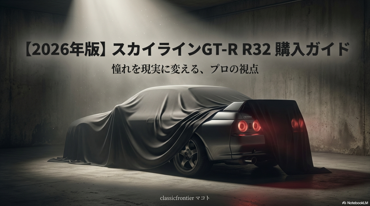 2026年最新 スカイラインGT-R R32 購入ガイド。憧れを現実に変えるプロの視点による相場・維持費解説の表紙スライド