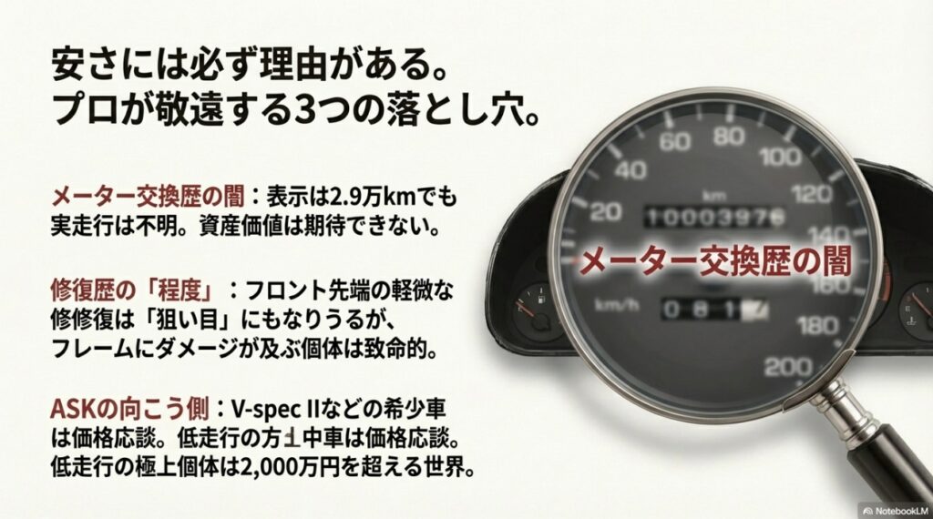 R32 GT-Rの中古車選びにおける注意点。メーター交換歴による走行距離不明リスクや、修復歴の程度の見極め、ASK価格の実態について