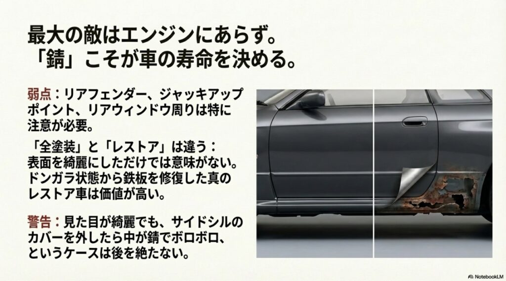 R32 GT-Rの最大の敵である錆の発生しやすい箇所（リアフェンダー、ジャッキアップポイント等）と、全塗装と本格的レストアの違い