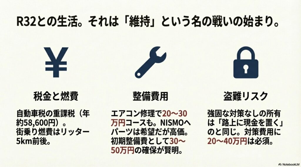 スカイラインGT-R R32の所有にかかるコスト一覧。自動車税の重課税、エアコン修理等の整備費、必須となる盗難対策費用の目安