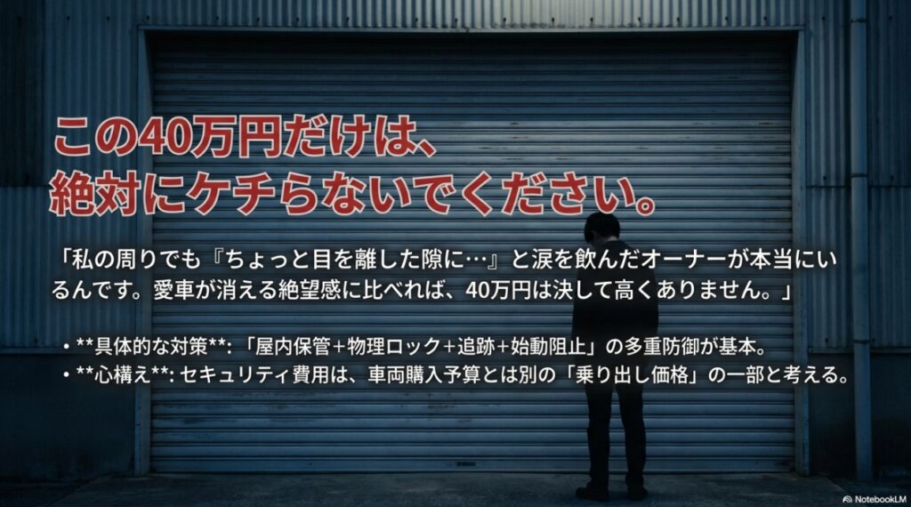 R32 GT-Rの盗難被害を防ぐための警告。40万円のセキュリティ費用を惜しまず、多重防御を行うことの重要性を訴えるメッセージ