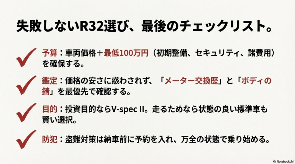 R32 GT-R購入時の4つの重要ポイントまとめ。予算設定、車両鑑定（錆・メーター）、目的別グレード選び、防犯対策の確認事項