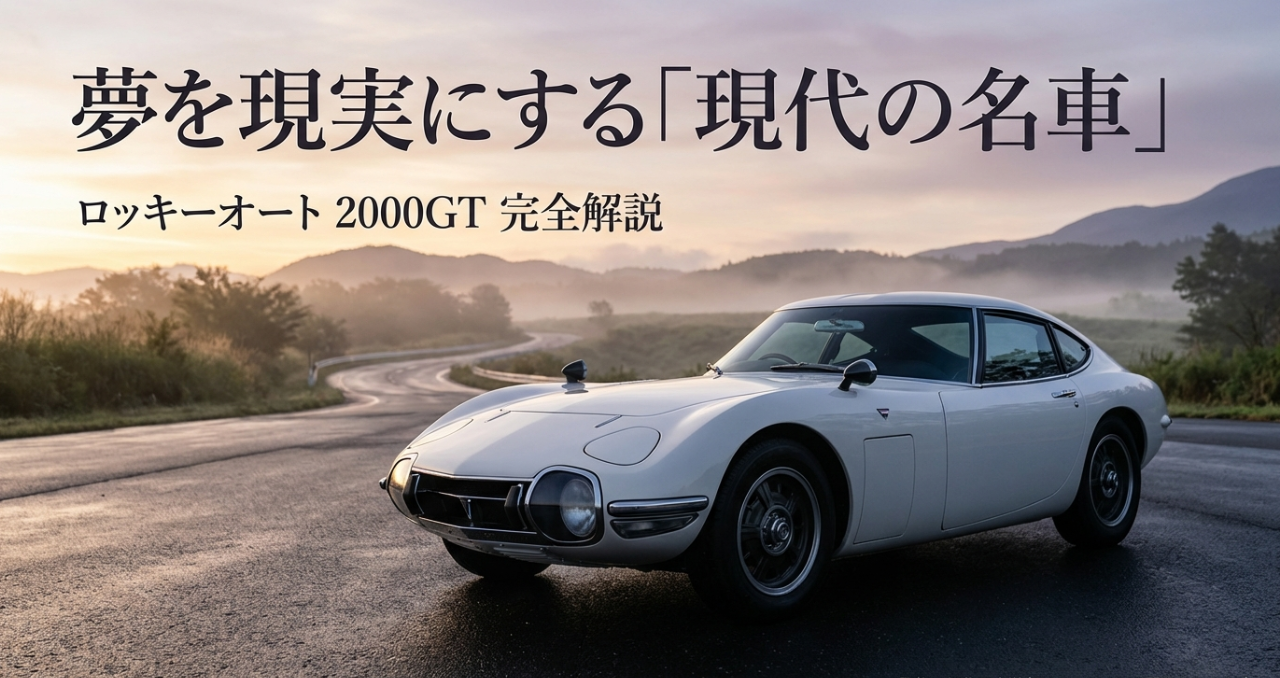 ロッキーオート2000GTのフロントビューと「夢を現実にする現代の名車」というキャッチコピー