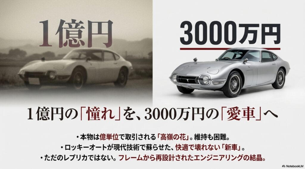 オリジナルのトヨタ2000GTとロッキーオート製レプリカの価格と価値の比較イメージ