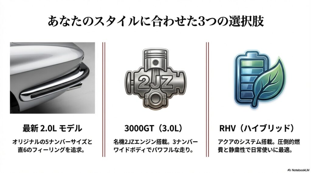 ロッキーオート2000GTの3モデル（最新2.0L、3000GT、RHV）の特徴一覧
