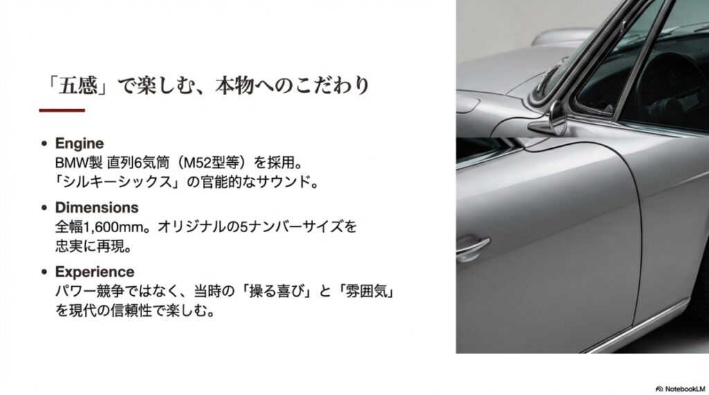 BMW製直列6気筒エンジンと5ナンバーサイズを再現したボディ寸法の解説