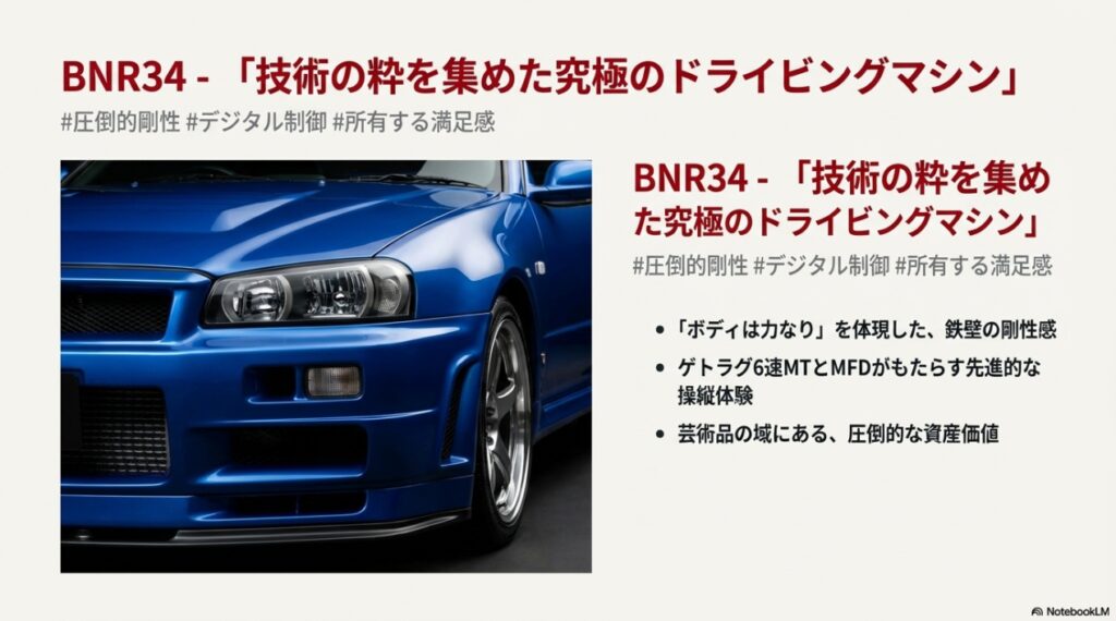 BNR34 GT-Rの特徴｜圧倒的なボディ剛性とゲトラグ6速MT