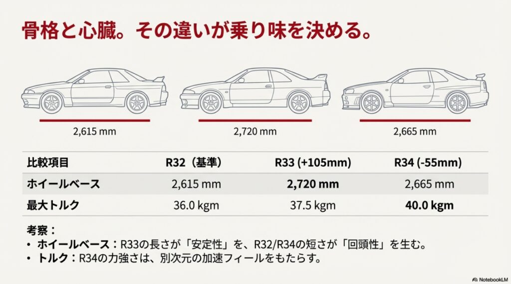 R32・R33・R34のボディサイズとホイールベースの側面比較図