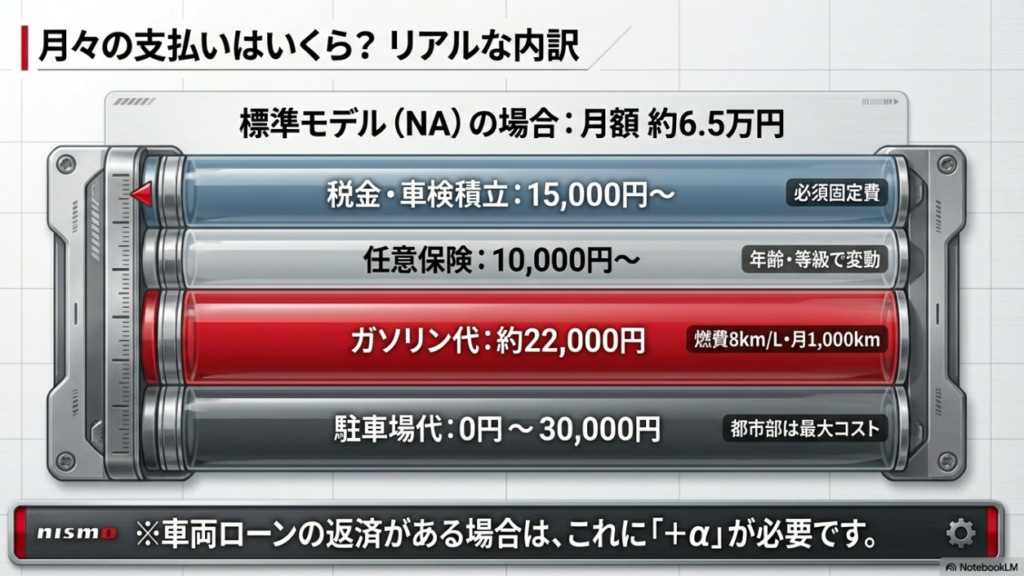 スカイライン（NAモデル）の月額維持費リアルな内訳（ローンなし約6.5万円）