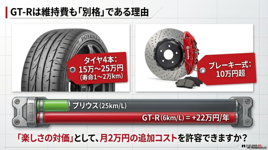 スカイラインGT-Rの高額なタイヤ交換費用と燃費の悪さによる維持費増
