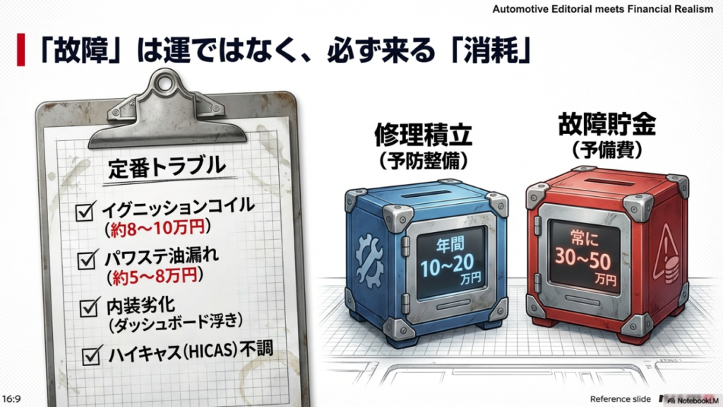 スカイライン旧車の年間修理積立（10〜20万円）と突発故障用貯金（30〜50万円）の目安