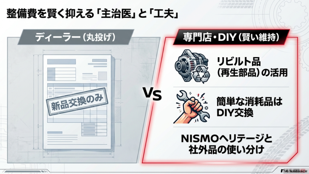 スカイラインの整備費削減におけるディーラーと専門店の使い分け・リビルト品活用術