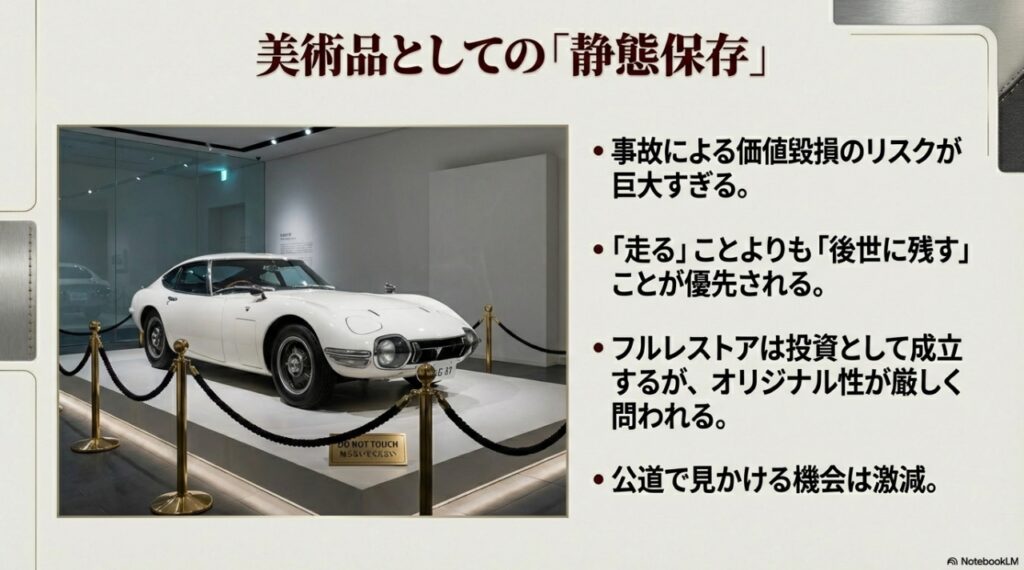 美術品として静態保存されるトヨタ2000GTとレストアの現状