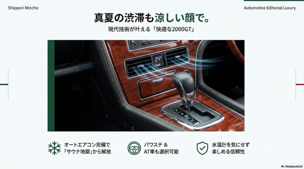 オートエアコンやオートマチックトランスミッションなど、現代の技術で快適性を確保した2000GTレプリカの内装と機能紹介。