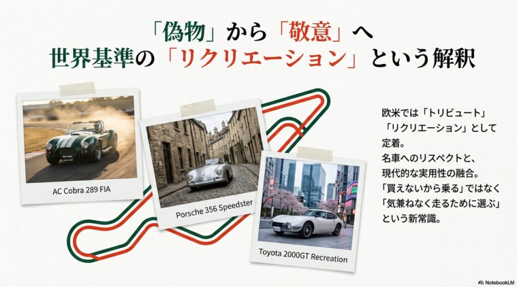 欧米におけるレプリカ文化の紹介。ACコブラやポルシェ356スピードスターの事例を挙げ、「偽物」から「敬意（トリビュート）」への意識変革を解説。