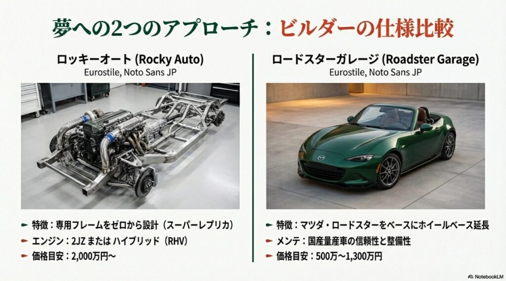ロッキーオート（専用フレーム・2JZ）とロードスターガレージ（マツダロードスターベース）のスペック、価格、特徴を比較した表。