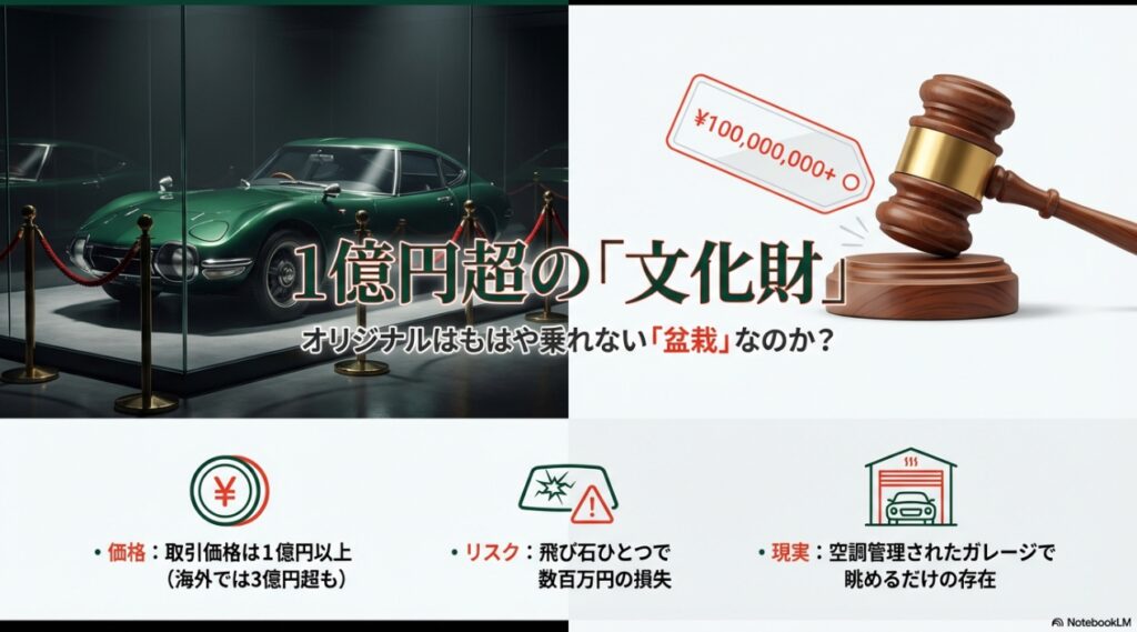トヨタ2000GTオリジナル車両の価格が1億円を超え、飛び石リスクなどで「乗れない盆栽」と化している現状を解説するスライド。