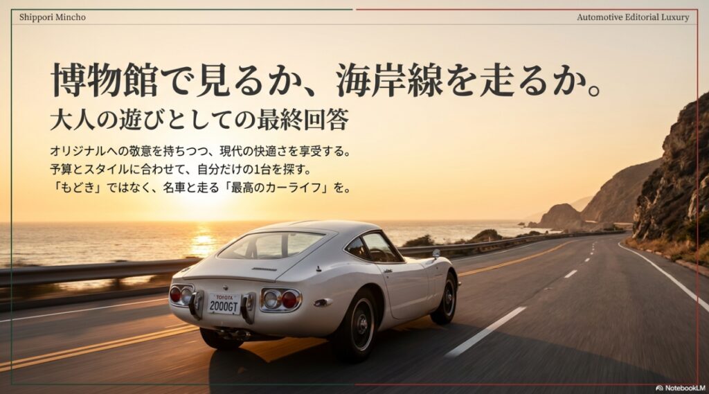 トヨタ2000GTレプリカを楽しむことは、オリジナルへの敬意と現代の快適さを享受する「大人の遊び」の最終回答であるというメッセージ。