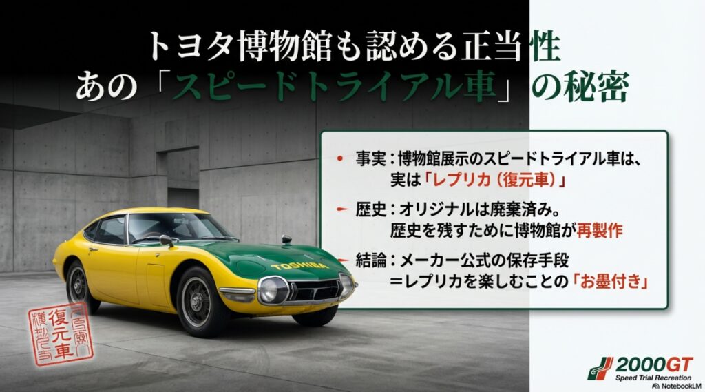 トヨタ博物館に展示されている2000GTスピードトライアル車が、実は復元車（レプリカ）である事実と、それが意味する文化的正当性についての解説。