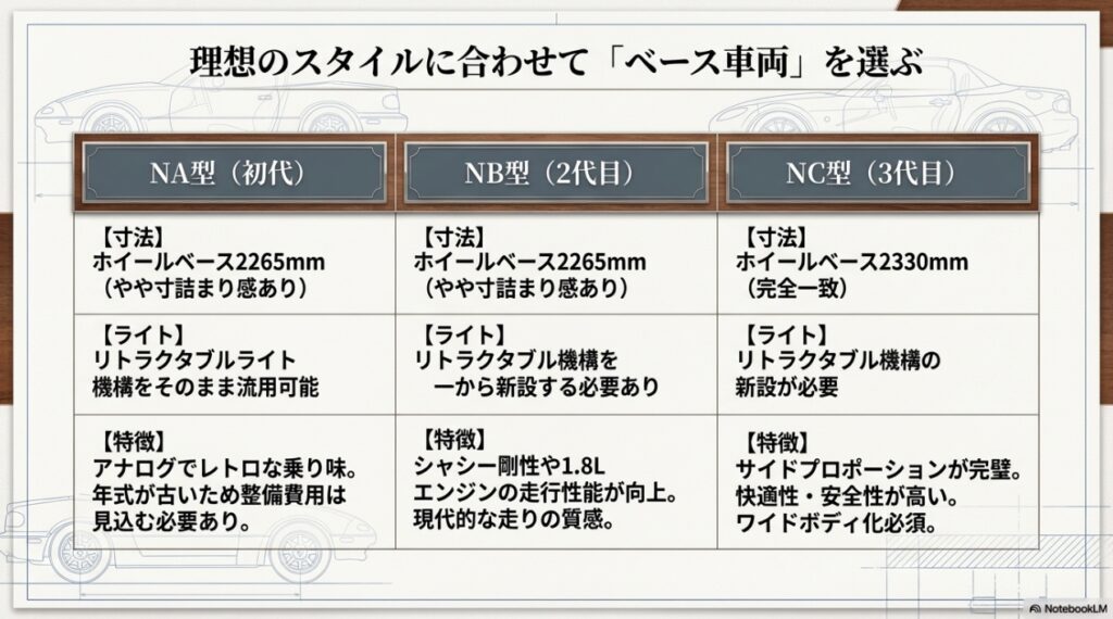 NA型・NB型・NC型それぞれのホイールベース寸法、ライト機構、走行性能の特徴比較表