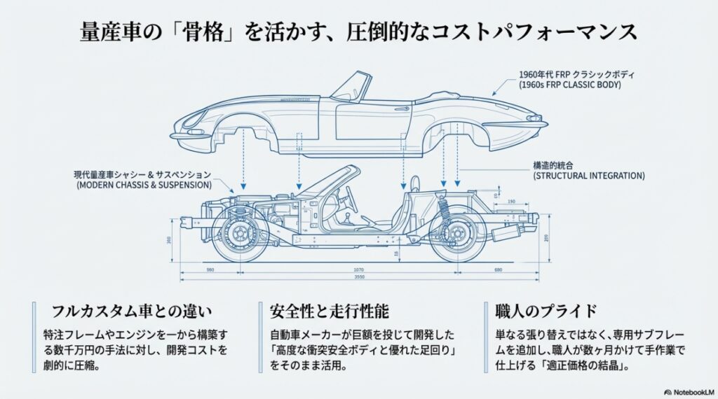 1960年代のクラシックボディと現代のロードスターシャシーを統合する図解と安全性・コストのメリット