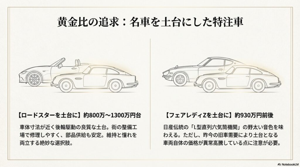 ロードスターやフェアレディZを土台にした特注レプリカ車の価格相場。維持のしやすさと旧車の味わいを両立する中堅派の選択肢