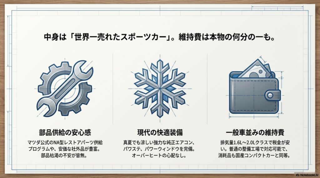 純正部品供給の安心感、エアコンなどの現代装備、一般車並みの維持費を示す3つのアイコン解説
