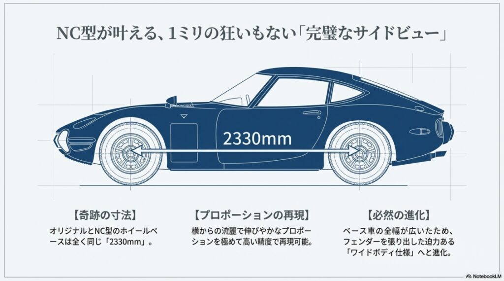 トヨタ2000GTと完全に一致するホイールベース2330mmの設計図面とワイドボディ化の説明