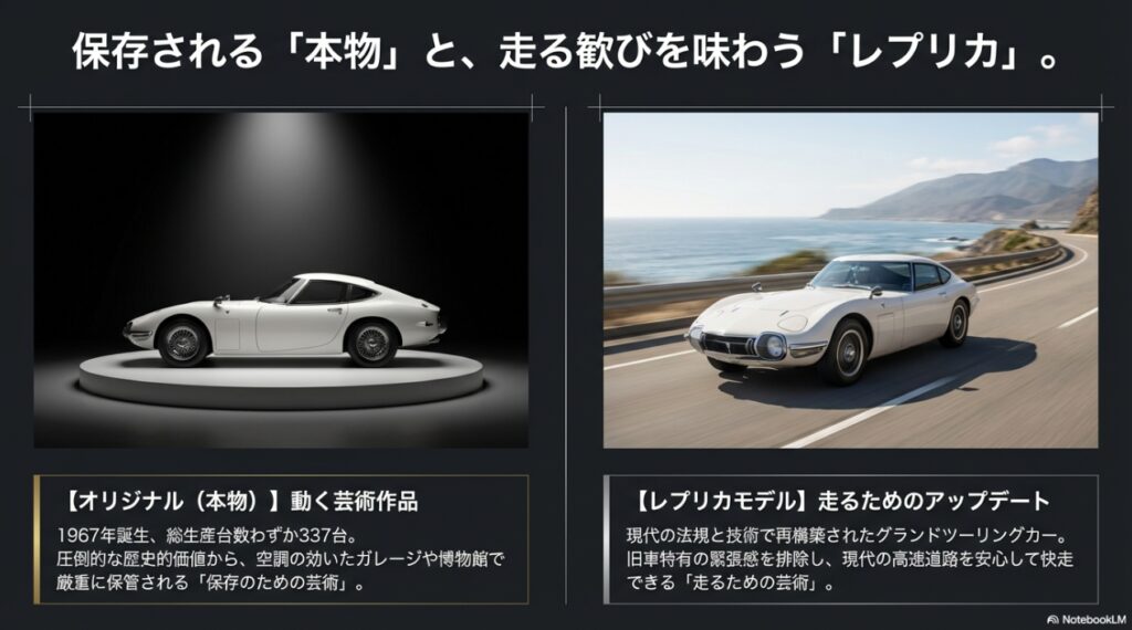 トヨタ2000GTのオリジナル（保存のための芸術）とレプリカモデル（走るための芸術）のコンセプトの違い