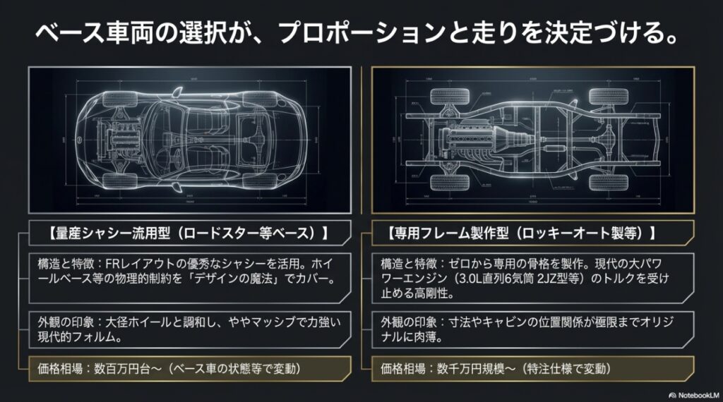 ロードスター等をベースにした量産シャシー流用型と、ロッキーオート製などの専用フレーム製作型の構造・外観・価格相場の比較
